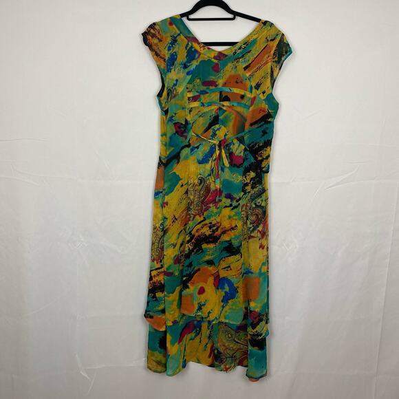 Anne Giorgio Colorful Abstract Midi Dress Women's V-Neck Sleeveless L48" x P2P9" - Picture 3 of 11